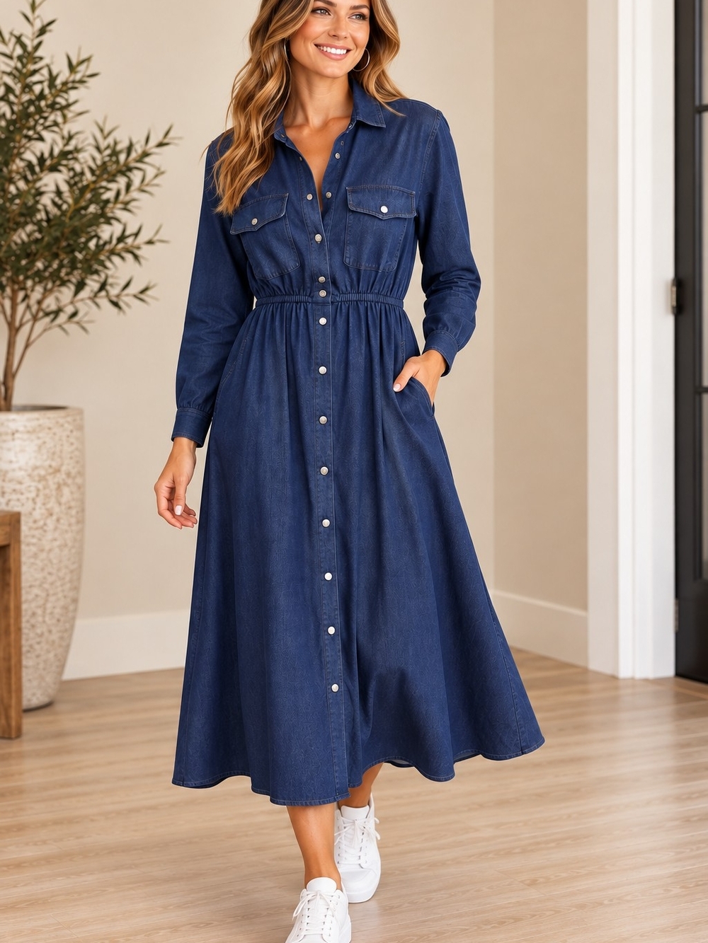 Liz Claiborne Navy Button-Front Long Sleeve Denim Midi Dress